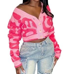 Vibrant  Pink turfed knit button-front Cropped Sweater size MED